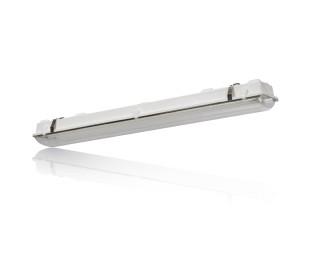 General area lighting distribution lensed fluorescent Vaportight available with 1 lamp T5 or T8.